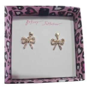 New Betsey Johnson Gold Bow  Drop Earrings with‎ rhinestine accents Post Backs